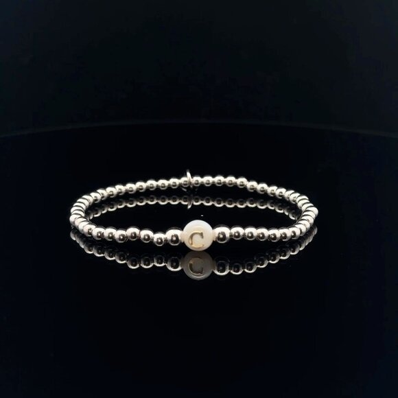925 Sterling Silver Beaded Stretch Stacking Bracelet MOP Letter Initial C - Picture 1 of 6